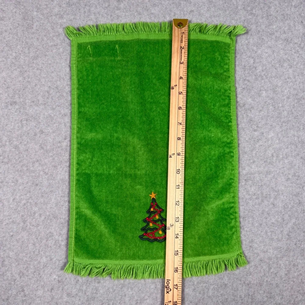 Vintage 70s Zodiac Green Christmas Tree Embroidered Cotton Hand Towel Fringe USA